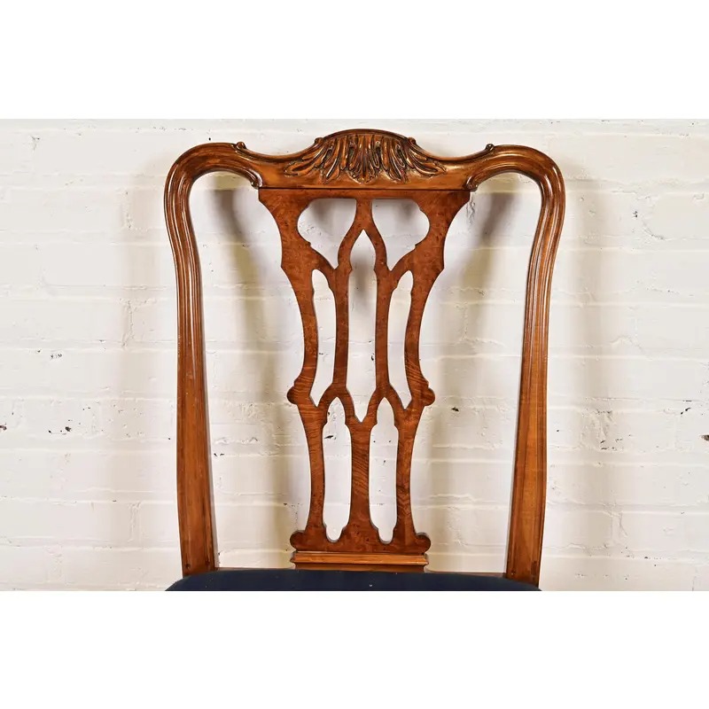Romweber Chippendale Carved Walnut and Burl Wood Dining Chairs, Set of Four - Image 6