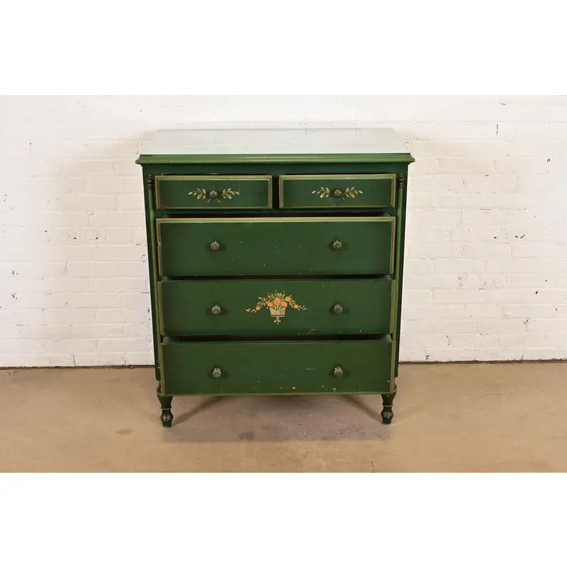Stickley Brothers Antique Early American Country Cottage Green Lacquered Floral Painted Dresser, Circa 1920s - Image 6