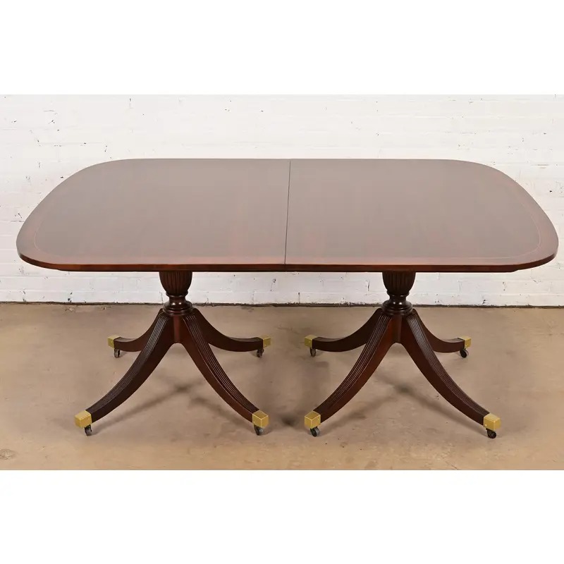 Baker Furniture Style English Georgian Banded Mahogany Double Pedestal Extension Dining Table, Newly Refinished - Image 7