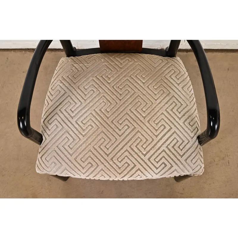 Drexel Heritage Mid-Century Modern Hollywood Regency Black Lacquer and Walnut High Back Armchairs, Pair - Image 7