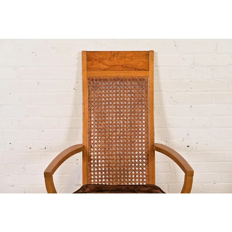 Milo Baughman Style Mid-Century Modern Burl Wood and Cane High Back Dining Chairs by Lane, Set of Eight - Image 7