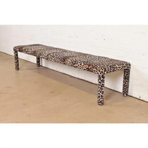 Milo Baughman Style Mid-Century Modern Parsons Leopard Print Upholstered Long Bench, Circa 1970s