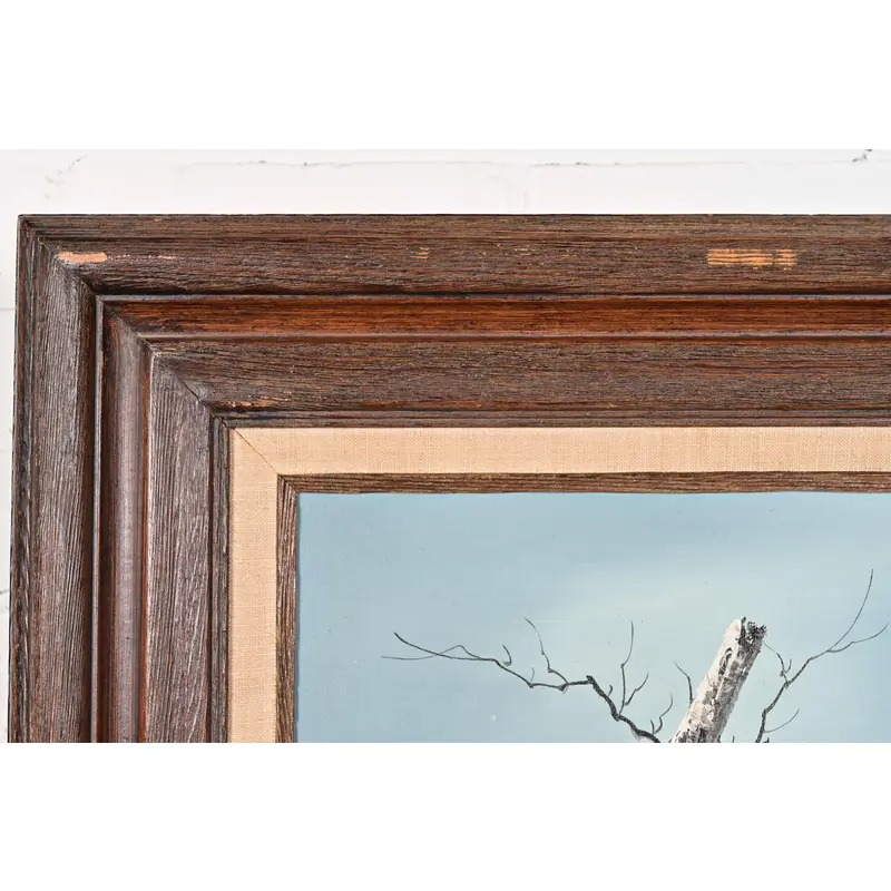 Original Artist Signed "Barn in Snowfall" Oil Painting on Canvas in Carved Wood Frame - Image 7