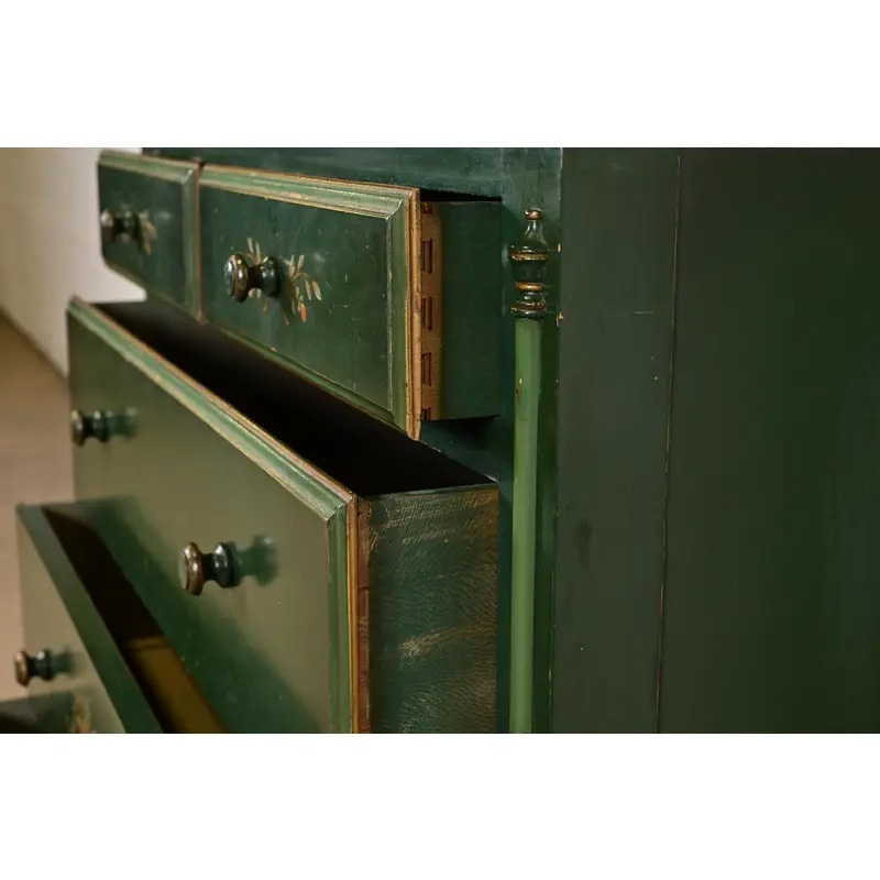 Stickley Brothers Antique Early American Country Cottage Green Lacquered Floral Painted Dresser, Circa 1920s - Image 7