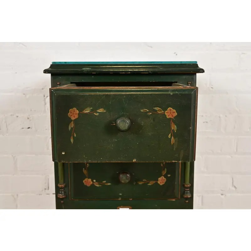 Stickley Brothers Antique Early American Country Cottage Green Lacquered Floral Painted Nightstand, Circa 1920s - Image 7