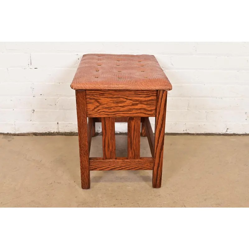 Stickley Style Antique Mission Oak Arts & Crafts Upholstered Footstool or Ottoman - Image 7