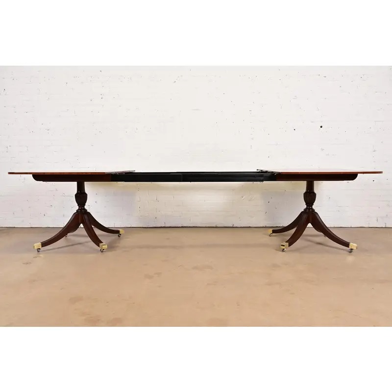 Baker Furniture Georgian Banded Mahogany Double Pedestal Extension Dining Table, Newly Refinished - Image 8