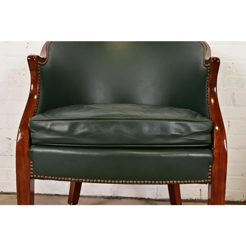 Baker Furniture Regency Carved Mahogany Leather Upholstered Lounge Chairs, Set of Six - Image 8