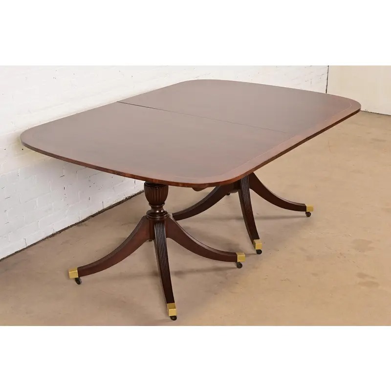 Baker Furniture Style English Georgian Banded Mahogany Double Pedestal Extension Dining Table, Newly Refinished - Image 8
