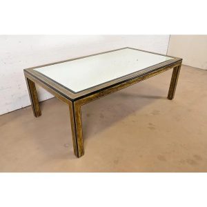 Bernhard Rohne for Mastercraft Hollywood Regency Acid Etched Brass Dining Table With Mirrored Glass Top, Circa 1970s