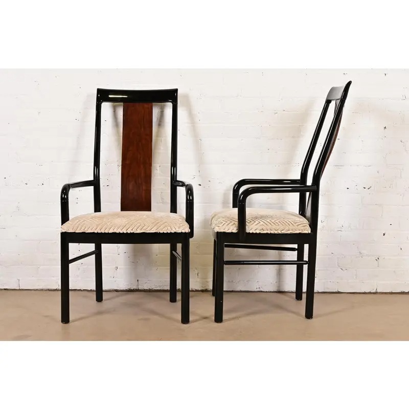 Drexel Heritage Mid-Century Modern Hollywood Regency Black Lacquer and Walnut High Back Armchairs, Pair - Image 8