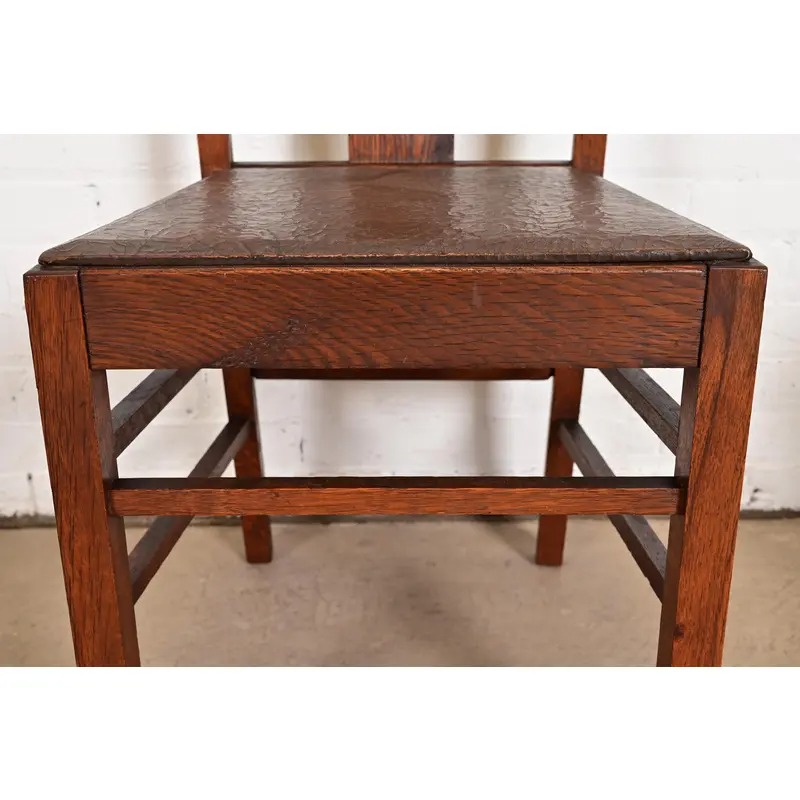 Limbert Style Antique Mission Oak Arts & Crafts T-Back Side Chairs or Dining Chairs, Pair - Image 8