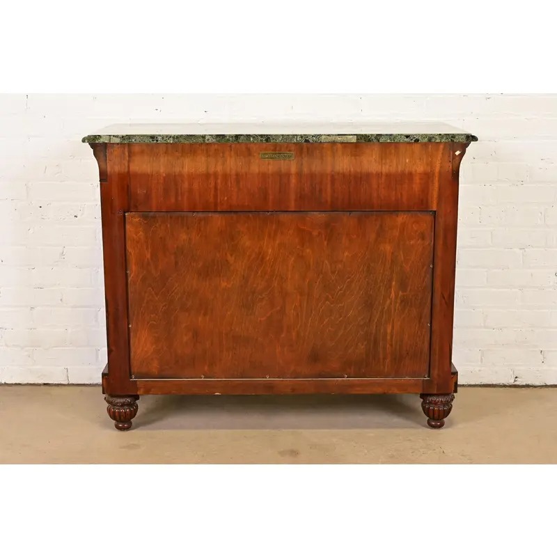 Maitland Smith French Empire of Louis XVI Carved Mahogany Faux Marble Top Console Table With Mirrored Back - Image 8