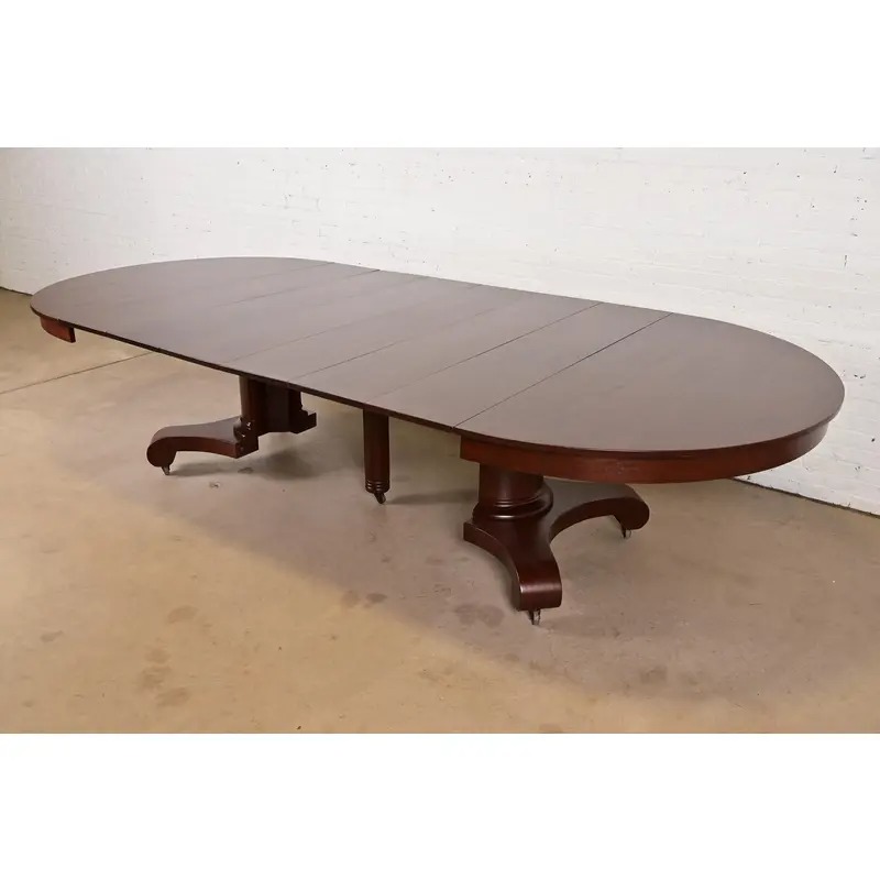 R. J. Horner Style Antique American Empire Monumental Carved Mahogany Pedestal Extension Dining Table, Newly Refinished - Image 8