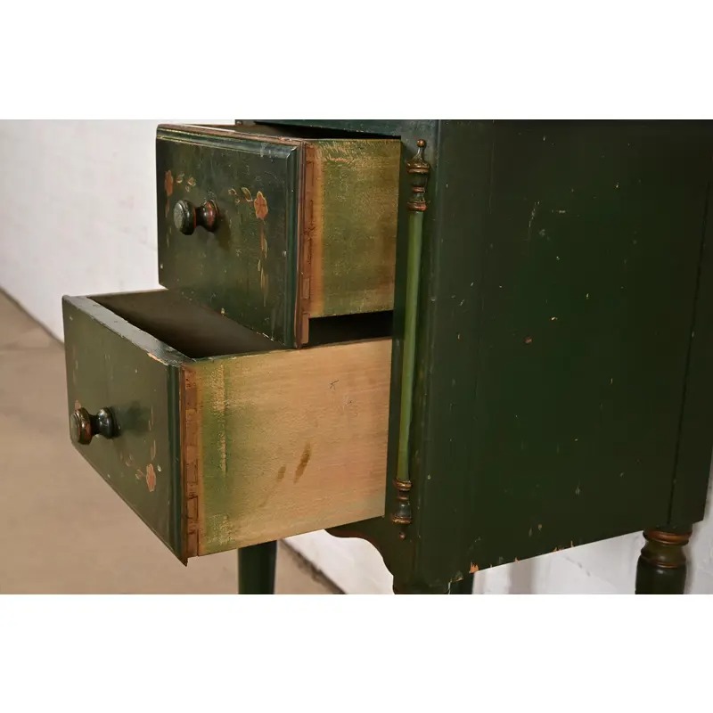 Stickley Brothers Antique Early American Country Cottage Green Lacquered Floral Painted Nightstand, Circa 1920s - Image 8