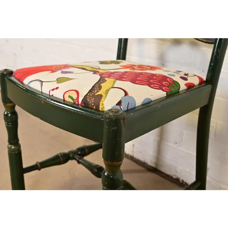 Stickley Brothers Antique Early American Country Cottage Green Lacquered Floral Painted Side Chair, Circa 1920s - Image 8