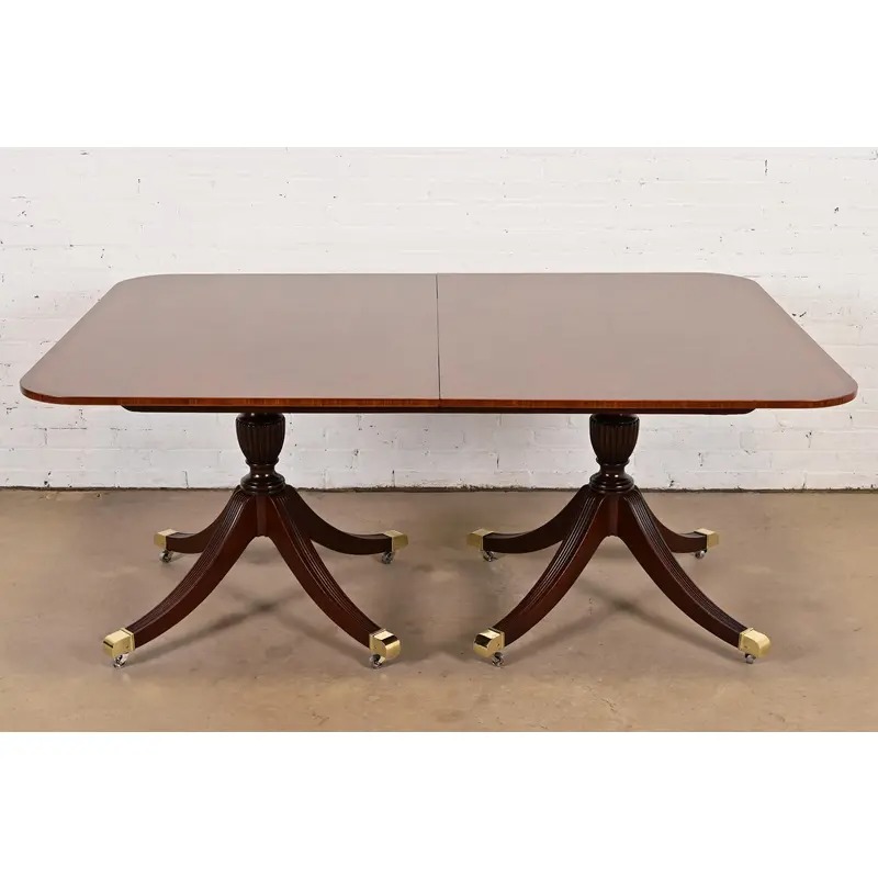 Baker Furniture Georgian Banded Mahogany Double Pedestal Extension Dining Table, Newly Refinished - Image 9