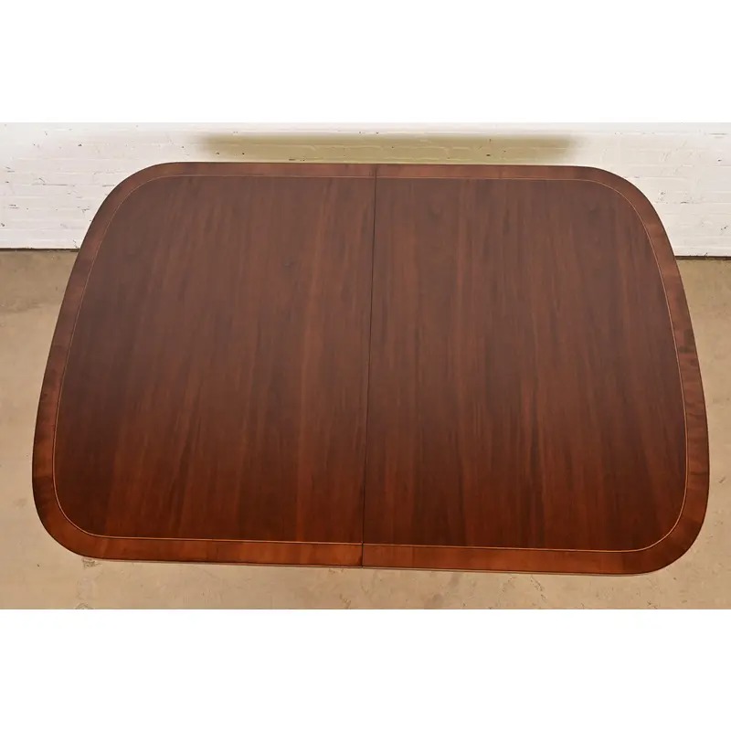 Baker Furniture Style English Georgian Banded Mahogany Double Pedestal Extension Dining Table, Newly Refinished - Image 9