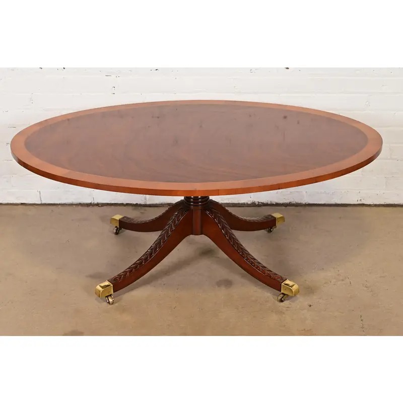 Baker Furniture Style Georgian Banded Mahogany Pedestal Coffee Table - Image 9