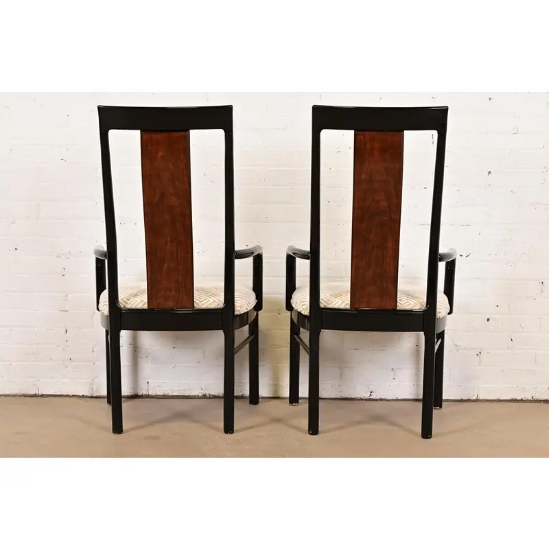 Drexel Heritage Mid-Century Modern Hollywood Regency Black Lacquer and Walnut High Back Armchairs, Pair - Image 9