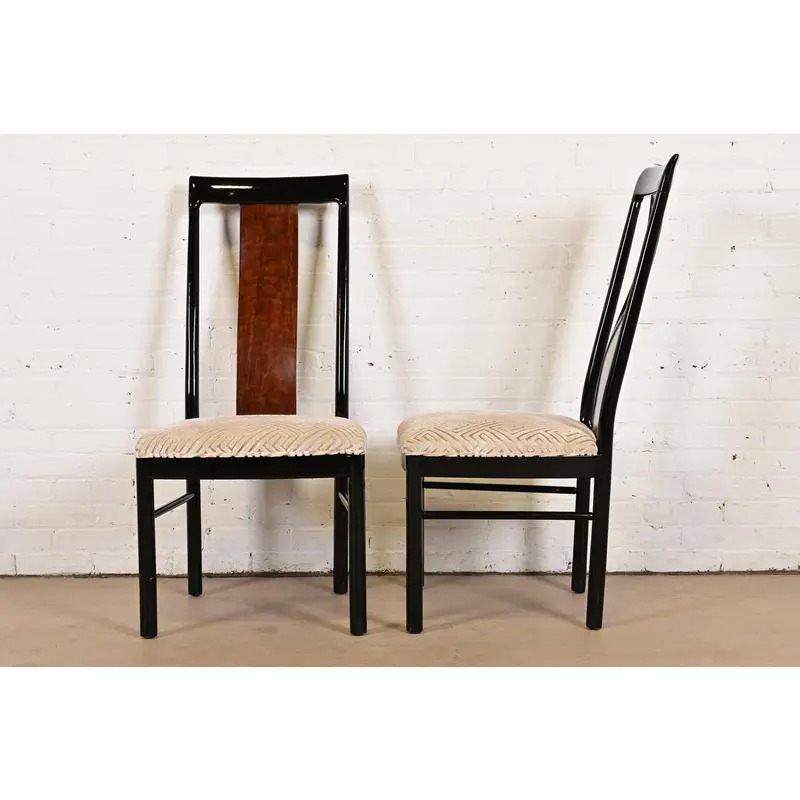 Drexel Heritage Mid-Century Modern Hollywood Regency Black Lacquer and Walnut High Back Dining Chairs, Set of Four - Image 9