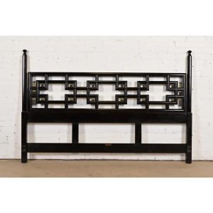 John Widdicomb Mid-Century Hollywood Regency Chinoiserie Black Lacquered King Size Headboard, 1950s