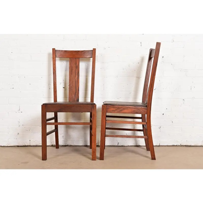 Limbert Style Antique Mission Oak Arts & Crafts T-Back Side Chairs or Dining Chairs, Pair - Image 9