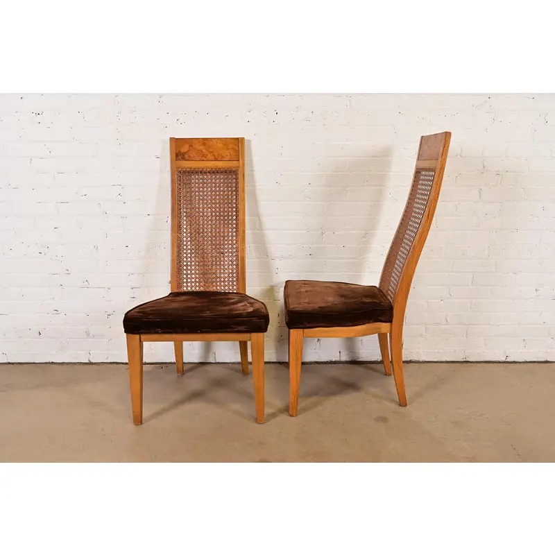 Milo Baughman Style Mid-Century Modern Burl Wood and Cane High Back Dining Chairs by Lane, Pair - Image 9
