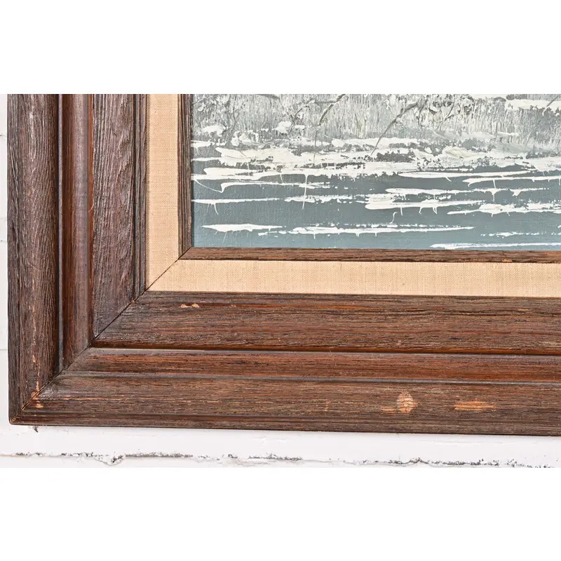 Original Artist Signed "Barn in Snowfall" Oil Painting on Canvas in Carved Wood Frame - Image 9