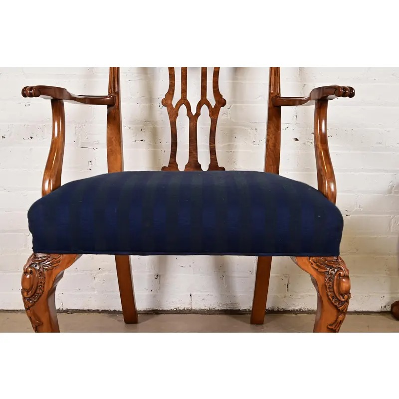 Romweber Chippendale Carved Walnut and Burl Wood Dining Chairs, Set of Six - Image 9