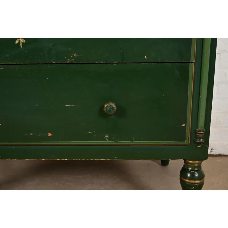 Stickley Brothers Antique Early American Country Cottage Green Lacquered Floral Painted Dresser, Circa 1920s - Image 9