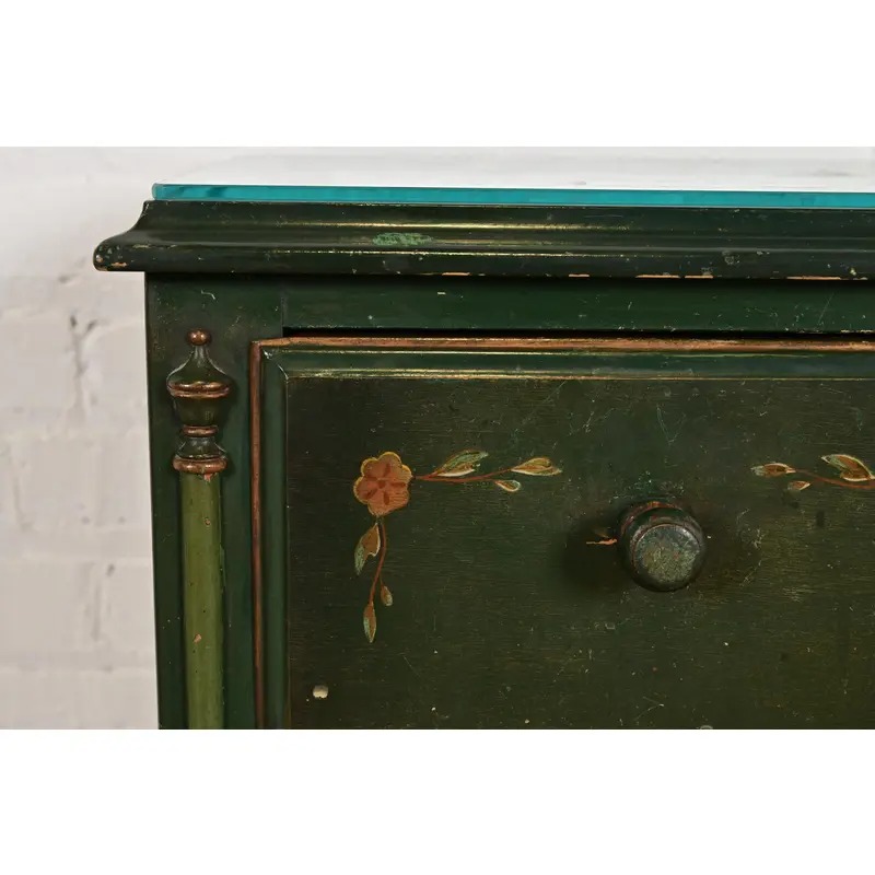 Stickley Brothers Antique Early American Country Cottage Green Lacquered Floral Painted Nightstand, Circa 1920s - Image 9