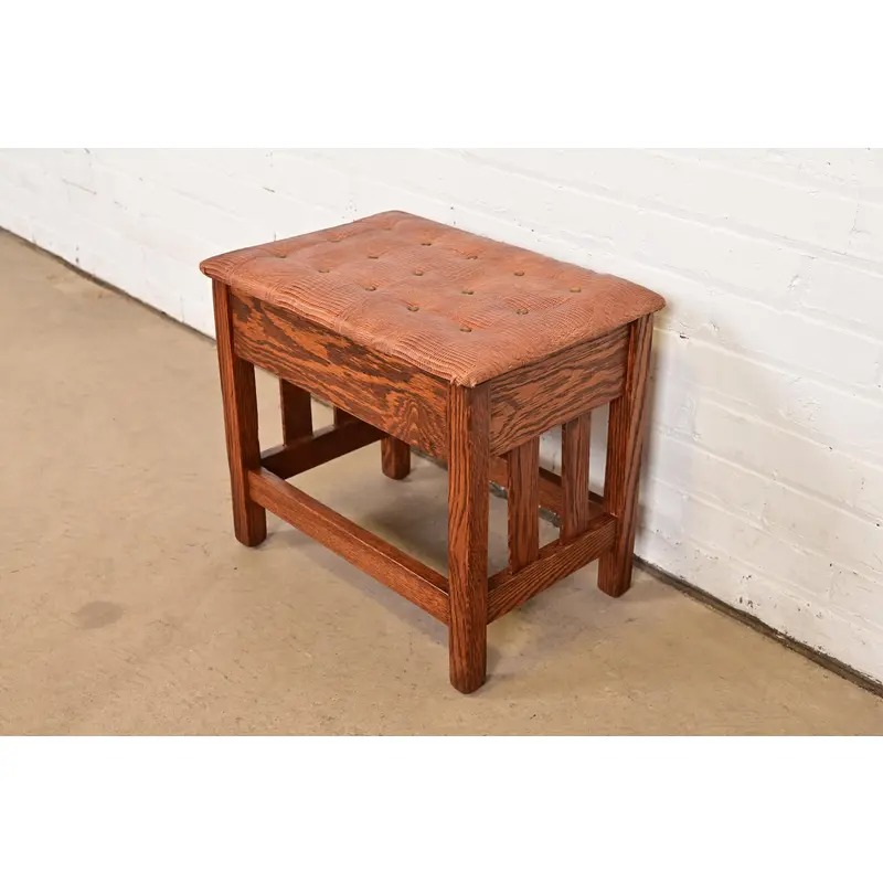 Stickley Style Antique Mission Oak Arts & Crafts Upholstered Footstool or Ottoman