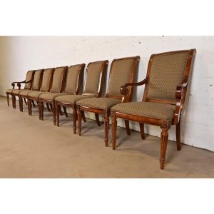 Ethan Allen French Regency Louis XVI Carved Cherry Wood Upholstered Dining Chairs, Set of Eight
