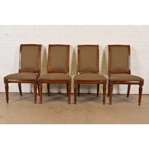 Ethan Allen French Regency Louis XVI Carved Cherry Wood Upholstered Dining Chairs, Set of Four