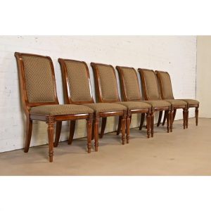 Ethan Allen French Regency Louis XVI Carved Cherry Wood Upholstered Dining Chairs, Set of Six