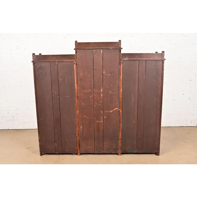 Herter Brothers Style Antique Eastlake Victorian Carved Walnut and Burl Wood Triple Bookcase, Circa 1880s - Image 10