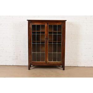 Limbert Style Mission Arts & Crafts Mahogany Leaded Glass Front Double Bookcase Cabinet, Circa 1900