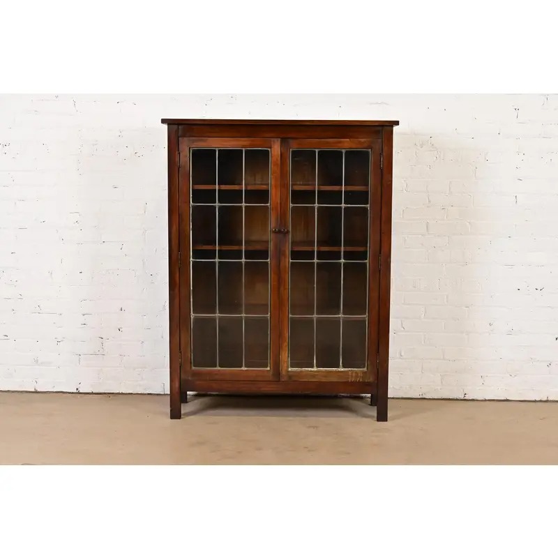 Limbert Style Mission Arts & Crafts Mahogany Leaded Glass Front Double Bookcase Cabinet, Circa 1900