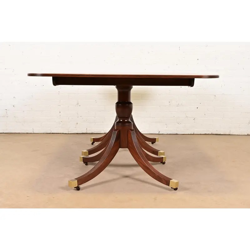 Baker Furniture Historic Charleston Georgian Banded Mahogany Double Pedestal Extension Dining Table, Newly Refinished - Image 11