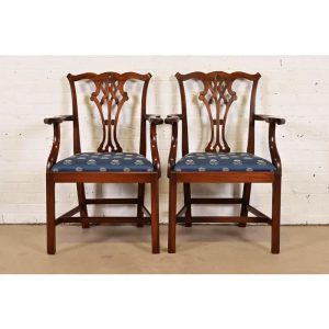 Baker Furniture Style Georgian Carved Mahogany Armchairs, Pair