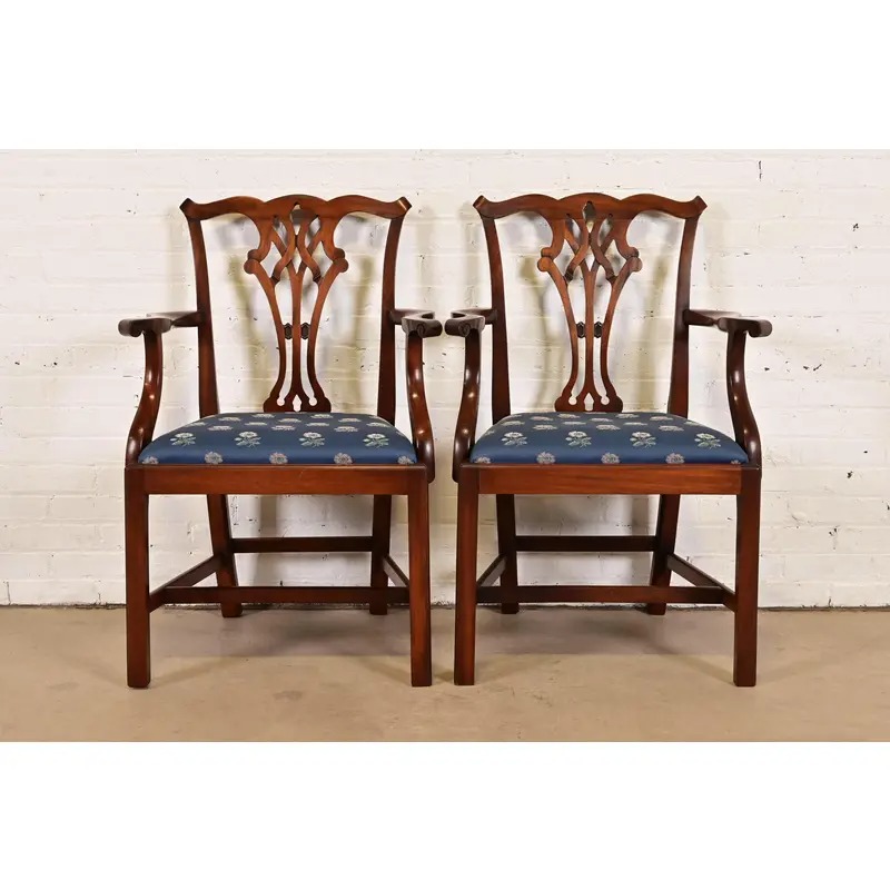 Baker Furniture Style Georgian Carved Mahogany Armchairs, Pair