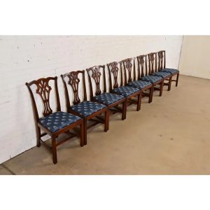 Baker Furniture Style Georgian Carved Mahogany Dining Chairs, Set of Eight