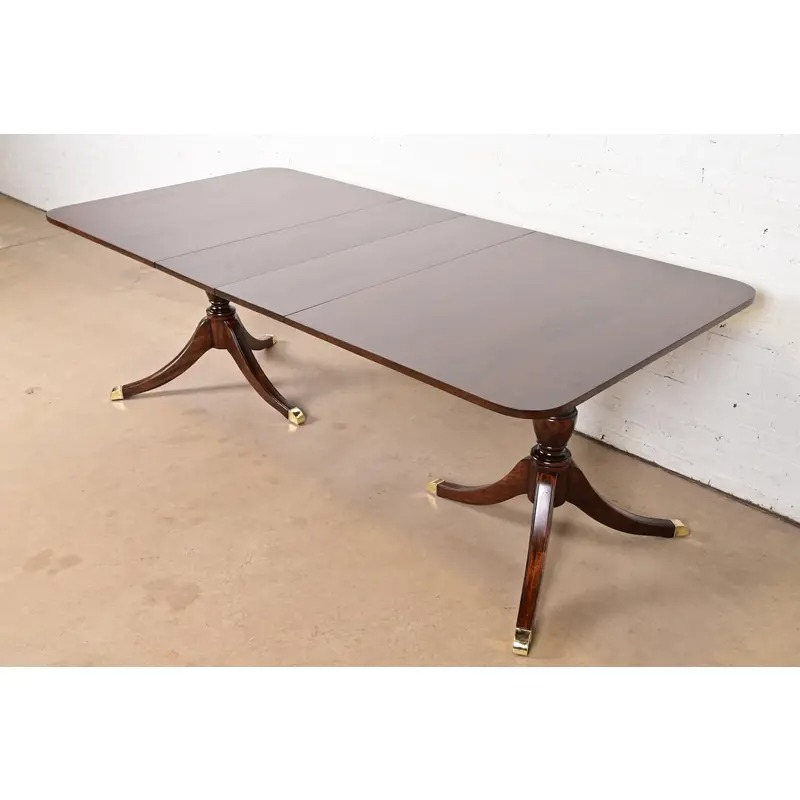 Baker Furniture Style Georgian Mahogany Double Pedestal Extension Dining Table, Newly Refinished