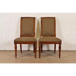 Ethan Allen French Regency Louis XVI Carved Cherry Wood Upholstered Side Chairs or Dining Chairs, Pair