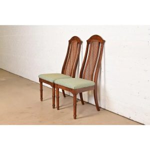 Henredon Style Mid-Century Hollywood Regency Carved Oak and Cane Bamboo Form High Back Side Chairs or Dining Chairs, Pair
