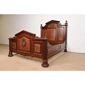 Herter Brothers Style Antique Victorian Carved Walnut and Burl Wood Full Size Bed, Circa 1880s