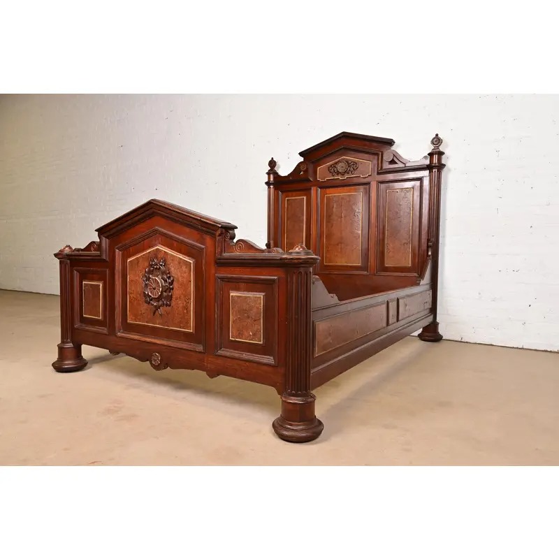 Herter Brothers Style Antique Victorian Carved Walnut and Burl Wood Full Size Bed, Circa 1880s