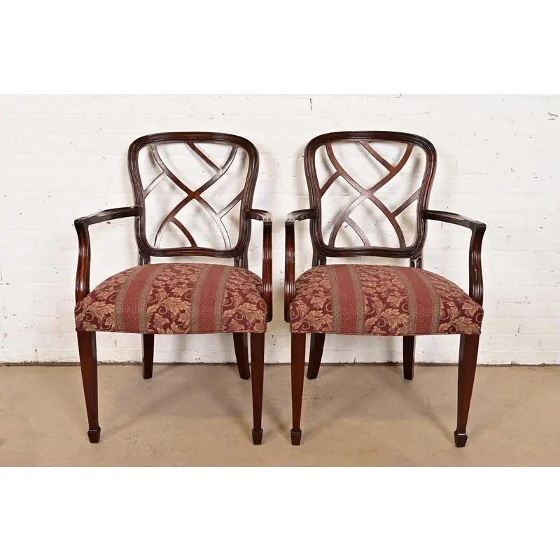 Kindel Furniture Federal Carved Mahogany Arm Chairs, Pair
