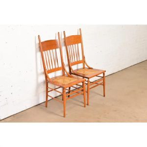 Limbert Style Antique Arts & Crafts Carved Oak Cane Seat Spindle Back Side Chairs or Dining Chairs, Pair